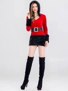 Sexy costume de Noël à capuche pour femmes, robe de fête velours avec fausse fourrure.
