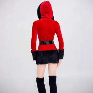 Costume de Noël sexy à capuche pour femme, robe Santa en velours rouge avec ceinture noire.