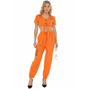Orange prisoner costume set for women, Halloween cosplay party outfit with handcuffs.