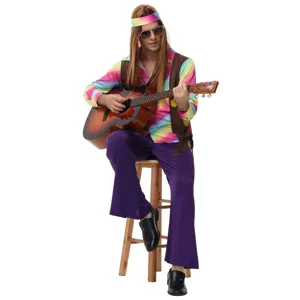 Detailed view of the 70s disco hippie costume set including colorful shirt, vest and pants.