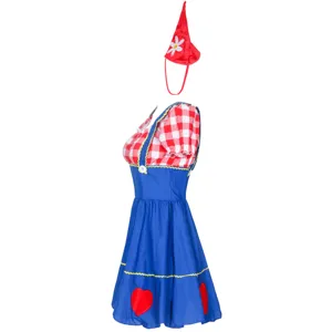 Traditional German Oktoberfest beer girl costume set featuring red plaid top and blue dress.