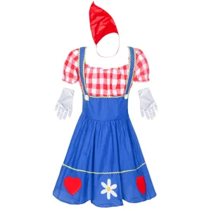 Women festival cosplay costume set with red white checkered top and blue skirt.