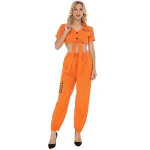 Orange inmate costume women Halloween cosplay party stage performance two piece outfit set