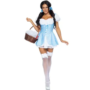 Detailed view of the blue and white checkered Oktoberfest maid cosplay dress with accessories.