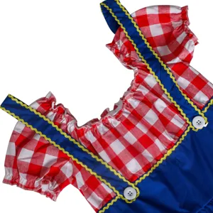 German Oktoberfest beer costume detail women red white checkered dress with blue suspenders.