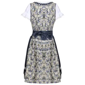 Traditional German Bavarian Oktoberfest dress featuring floral bodice, white puffy sleeves, and apron.
