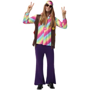 Retro 60s 70s disco hippie costume set with rainbow shirt vest pants for men festival