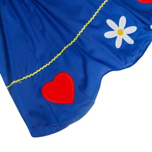 Close-up detail of blue Oktoberfest costume with yellow wavy trim, daisy and heart embroidery.