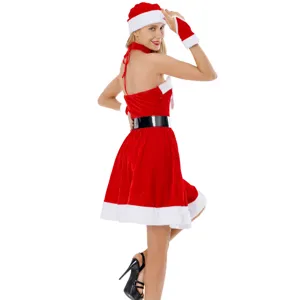 Set costume di Natale sexy da donna con abito in velluto rosso, cappello, cintura e guanti.