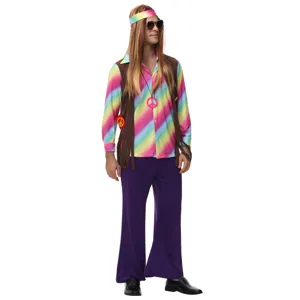 Detailed view of men 60s 70s hippie costume set with rainbow shirt and fringe vest.