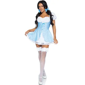 Detailed view of the blue and white checkered cosplay maid costume set with matching stockings and hair bows.