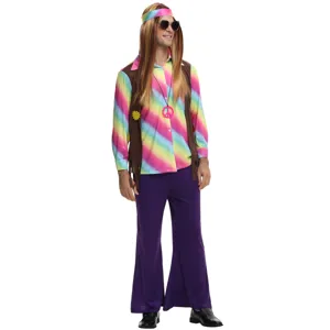 Men's hippie costume retro 60s 70s disco outfit rainbow shirt fringe vest flare pants festival.