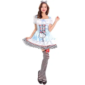 Στολή cosplay Alice φόρεμα υπηρέτριας χώρα των θαυμάτων πάρτι με ριγέ κάλτσες