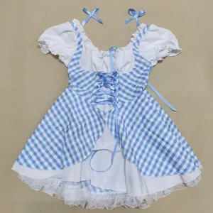 Blue and white checkered maid cosplay dress with puffy sleeves and front ribbon lacing.