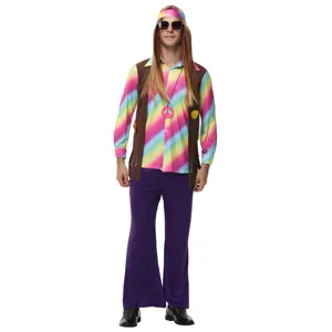 Detailed view of the 1970s hippie costume with rainbow shirt, fringe vest, and purple flare pants.