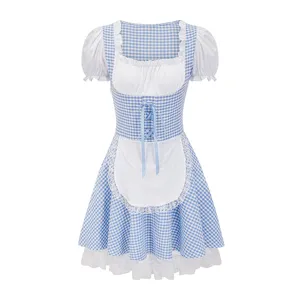 Blue and white gingham maid dress costume with cute puff sleeves and lace apron details.