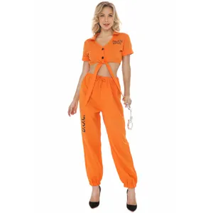 Orange prisoner cosplay costume for women, sexy inmate crop top and pants set for party.