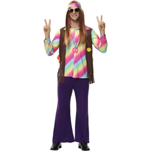 Detailed view of the 60s hippie costume set featuring fringe vest, bell-bottoms, and accessories.