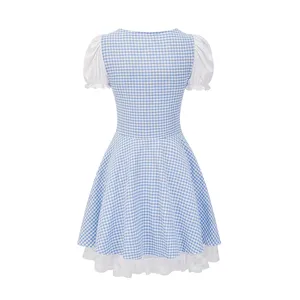 Blue and white gingham maid dress with puff sleeves and lace trim for cosplay and parties.