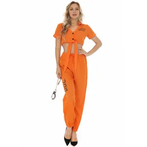 Orange prisoner costume details, sexy inmate crop top and pants set for Halloween party.
