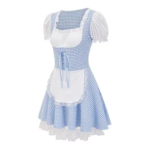 Blue white gingham maid dress Oktoberfest cosplay costume with white puff sleeves and apron.