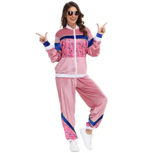 70s Retro Disco Music Festival Costume Women Hip Hop Velvet Tracksuit Set Pink Blue Printed Geometric Pattern Stage Outfit
