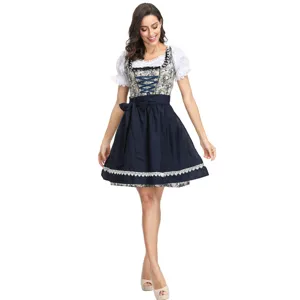 Traditional German Bavarian Oktoberfest Dirndl dress featuring white blouse and blue apron.