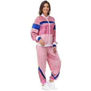 Vintage 70s pink velour tracksuit detail view, retro hip hop disco performance costume design.