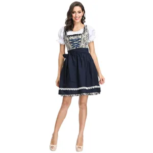 Traditional German Bavarian Oktoberfest Dirndl dress with white blouse, floral bodice and blue skirt.