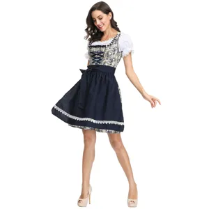 Traditional German Oktoberfest dirndl dress featuring floral bodice and dark blue apron.