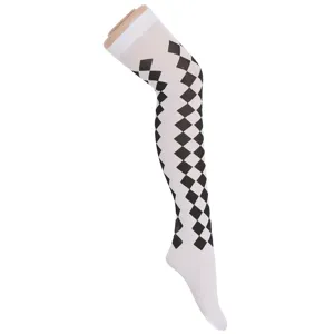 Calze al ginocchio con motivo a rombi bianco e nero, ideali per Halloween e feste in costume.