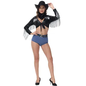 Sexy Western Cowboy Stage Performance Outfit With Tassels Black Top And Bottom Faux Leather Fringe Costume For Carnival Music Festival Party