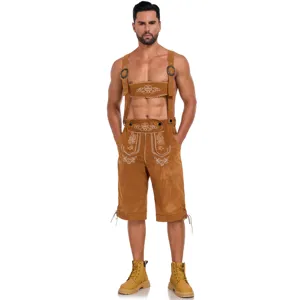 Men's Oktoberfest lederhosen costume detail with traditional brown suspender shorts and embroidery.