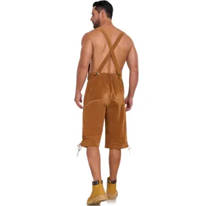 Men's traditional German Oktoberfest lederhosen suspender shorts detail view for party.