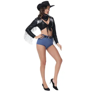 Sexy cowgirl costume featuring a black fringed crop top, matching hat, and blue denim shorts.