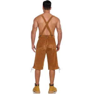 Back view of men's German Oktoberfest brown leather suspender shorts costume detail view.