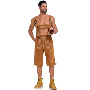 German Oktoberfest traditional mens lederhosen suspender shorts festival costume detail.