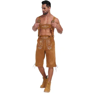 Detailed view of traditional brown men's Oktoberfest lederhosen costume with exquisite embroidery.