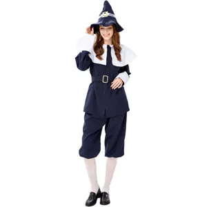 Halloween Pilger Kostüm Set mit dunkelblauem Oberteil, weißem Kragen und Hut für Partys.