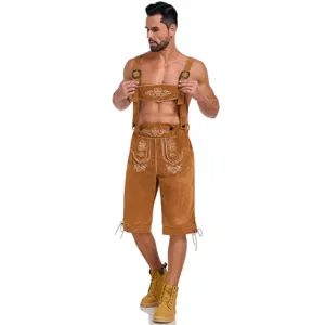 Detail view of traditional brown German Bavarian lederhosen with intricate white embroidery.