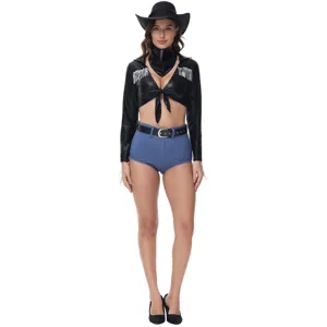 Detailed view of the black fringe crop top and blue shorts for western cowgirl costume