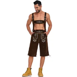 Details of brown German Oktoberfest lederhosen costume with traditional embroidery and straps.