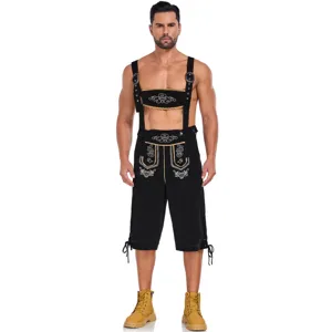 Detailed view of traditional German Oktoberfest men's lederhosen with intricate white embroidery.
