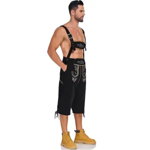 Detailed view of traditional German beer festival men lederhosen costume with embroidery shorts