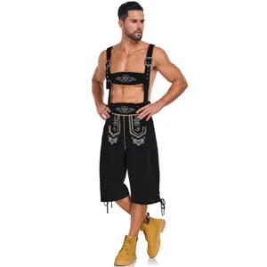 Detailed view of the traditional German Oktoberfest men's suspender shorts with fine embroidery.
