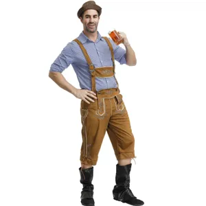 Detailed view of traditional Oktoberfest men lederhosen costume set with shirt and pants.