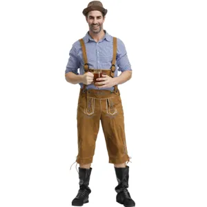 Detailed view of traditional German Oktoberfest costume featuring leather suspenders and hat.