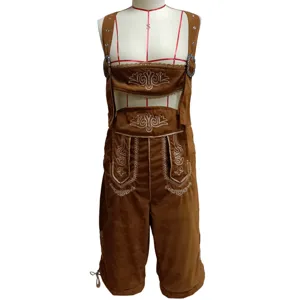 Traditional brown German Oktoberfest leather trousers with exquisite white embroidery details.
