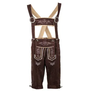 Detailed view of traditional Bavarian German men lederhosen with intricate embroidery and brown suede.