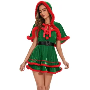 Christmas hooded dress costume green velvet furry trim holiday party cosplay outfit